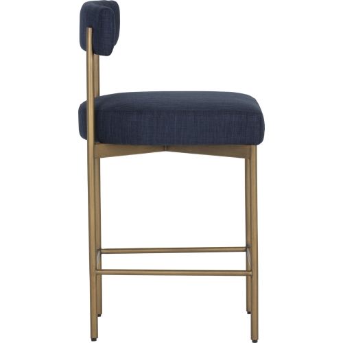 Seneca Counter Stool in Navy Fabric & Antique Brass